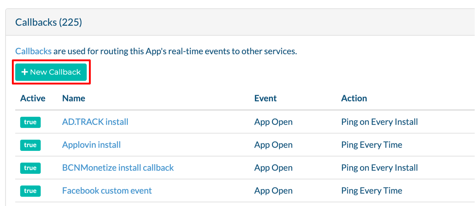 Tenjin 后台应用的 Callbacks 列表，框出「+ New Callback」按钮