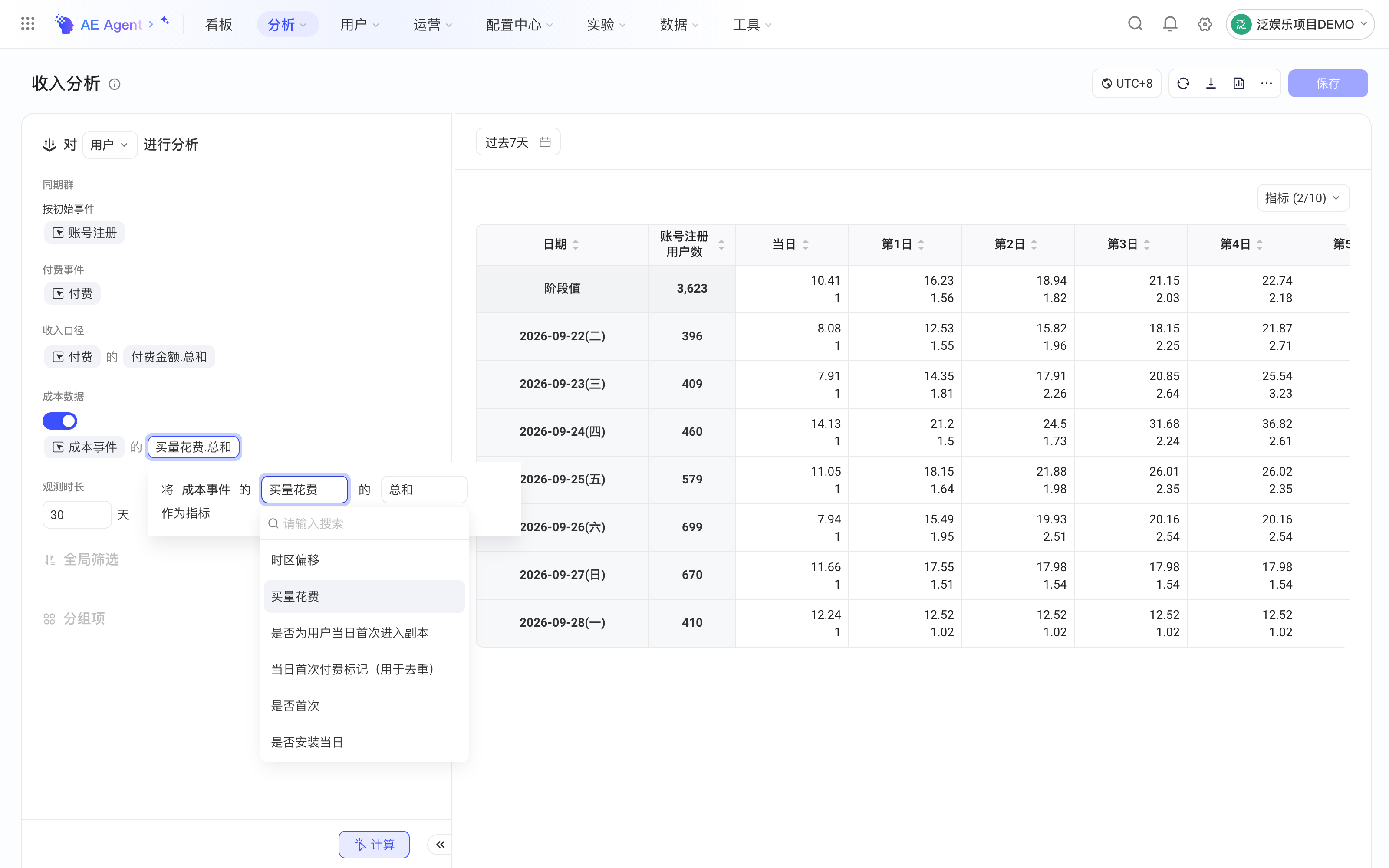 收入分析打开「成本数据」开关，展开成本口径的指标下拉