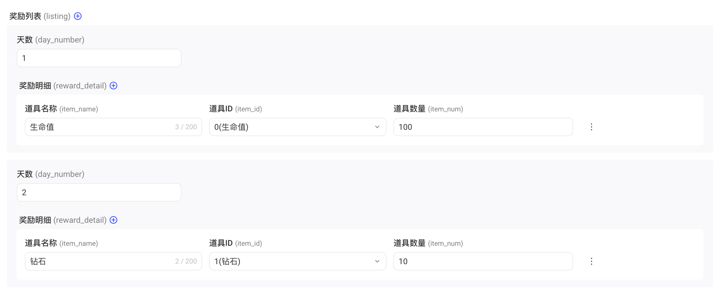 策略内容里多层嵌套的数组参数「奖励列表」，每组含天数和奖励明细数组的输入示例
