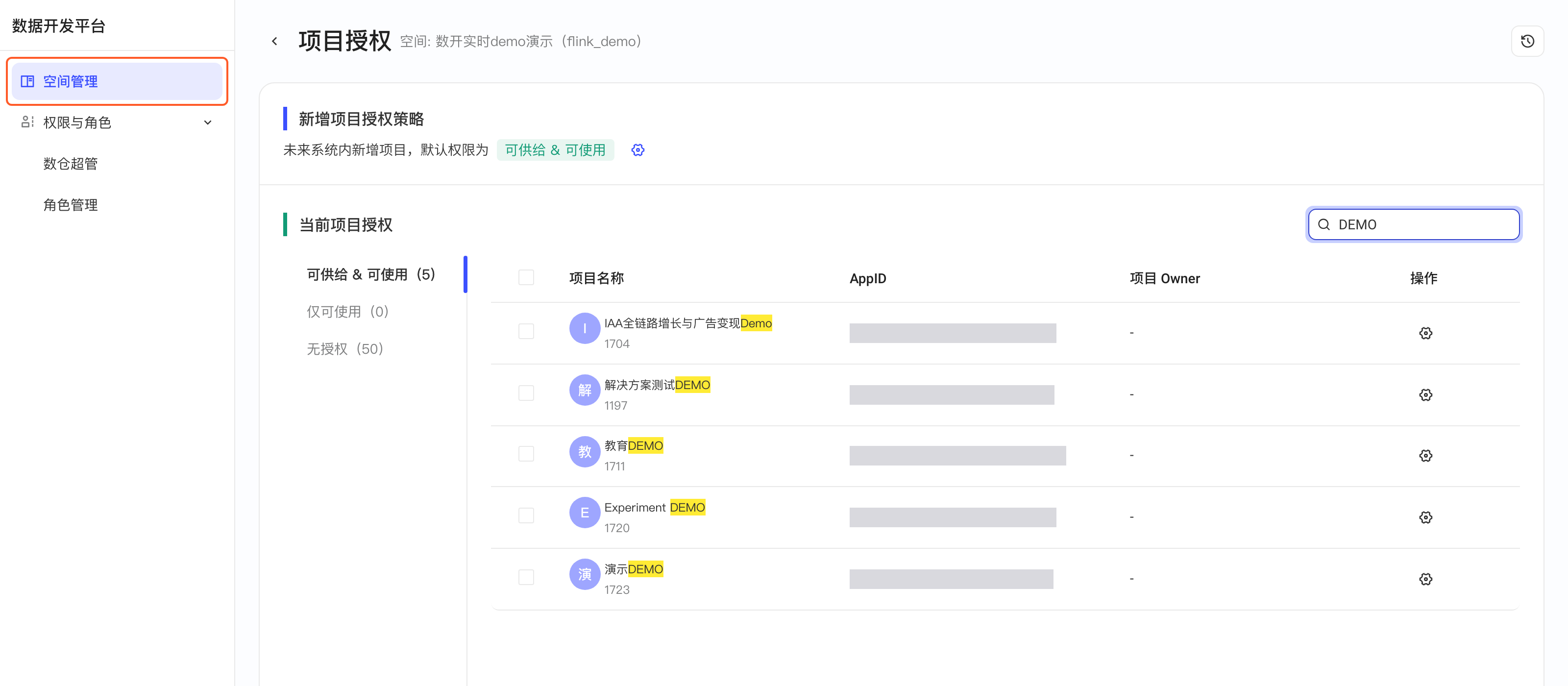 空间的项目授权页，含新增项目授权策略和按授权类型分栏的项目列表，框出左侧「空间管理」