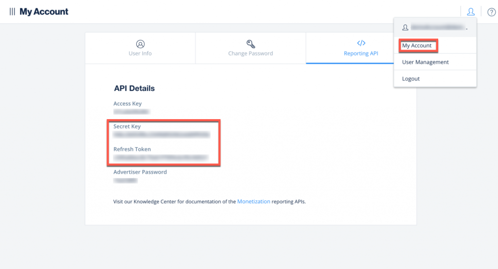 ironSource 后台 Reporting API 页，框出 Secret Key 与 Refresh Token