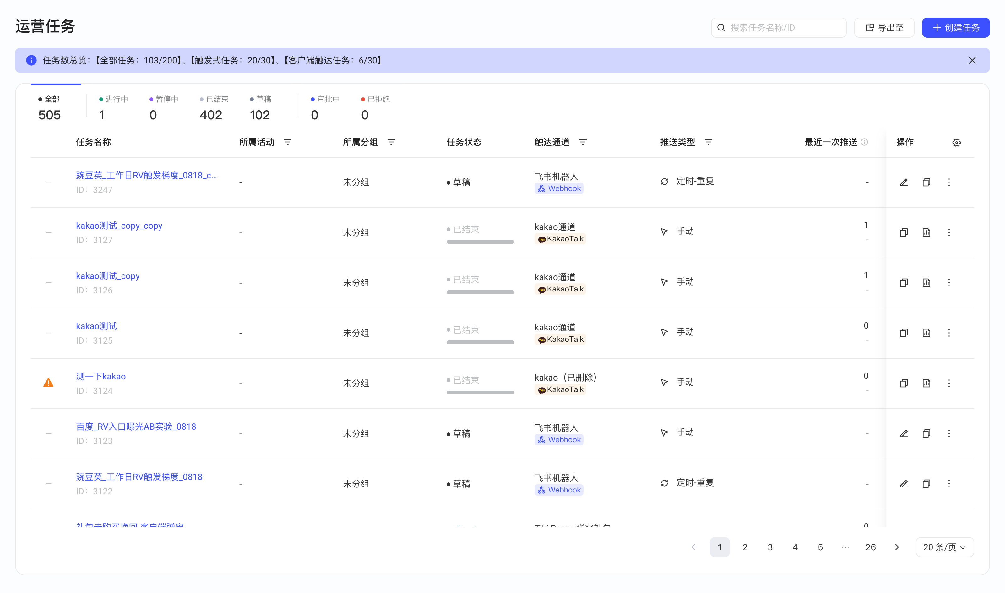 运营任务列表页：状态统计卡片、搜索、导出至、创建任务和任务列表