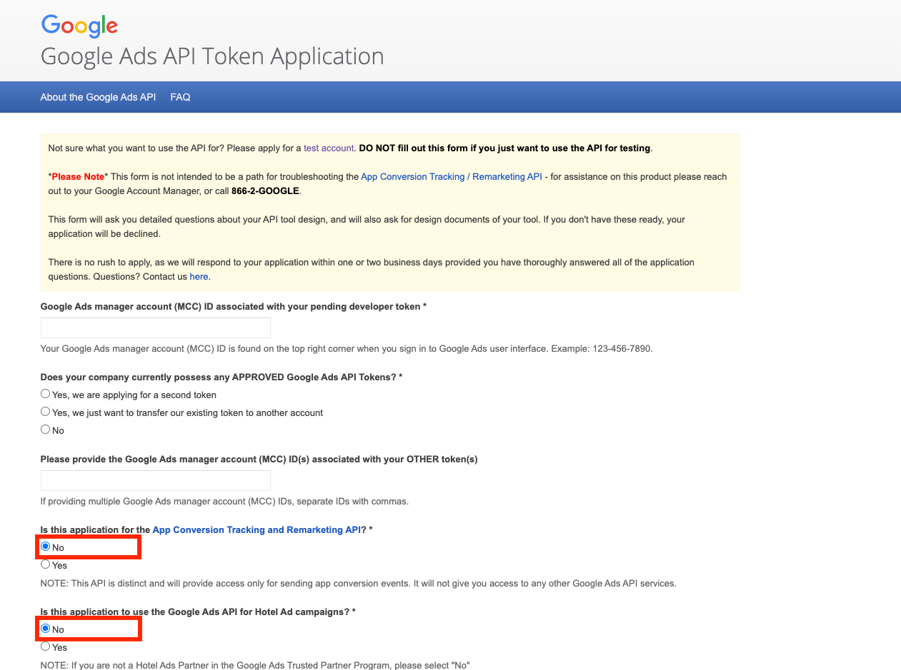 Google Ads API Token 申请表单，框出转化跟踪 API 和酒店广告两问都选 No
