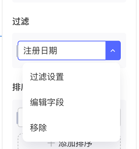 图表数据配置中过滤字段的下拉菜单，含过滤设置、编辑字段和移除