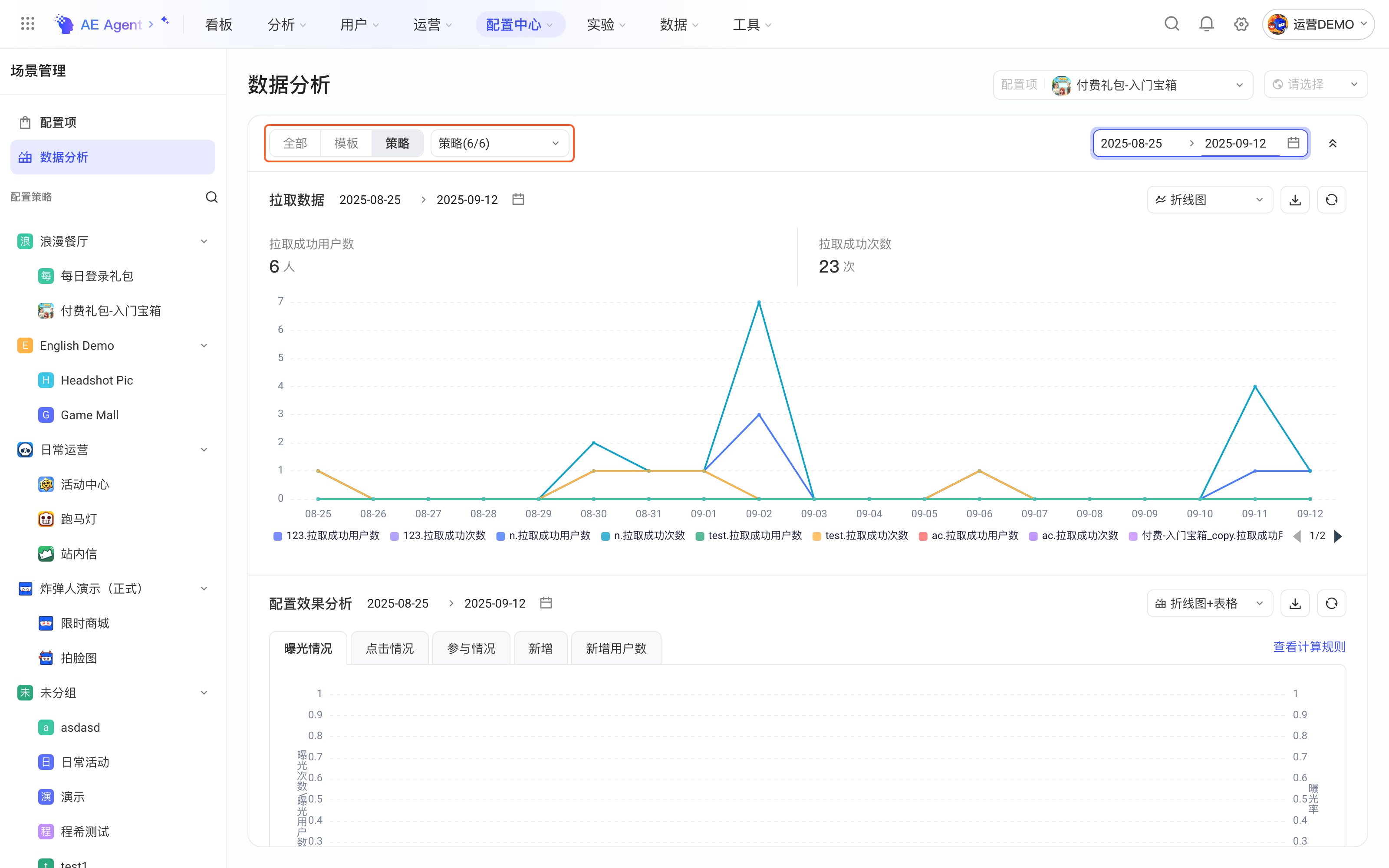 数据分析报告切换到策略视角，框出视角切换和策略下拉选框