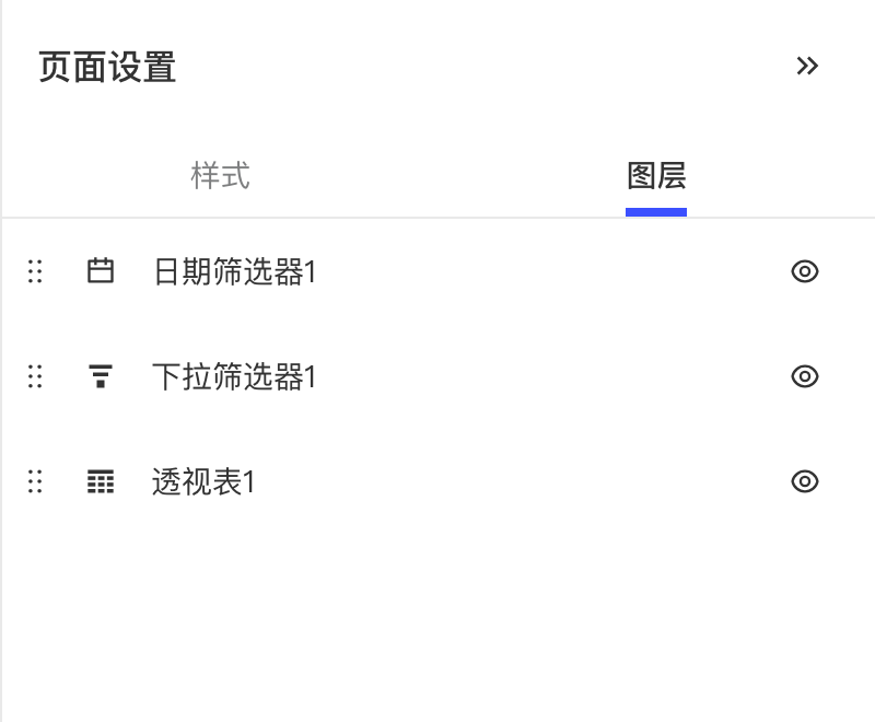 页面设置「图层」页签，列出页面内各组件及显示开关