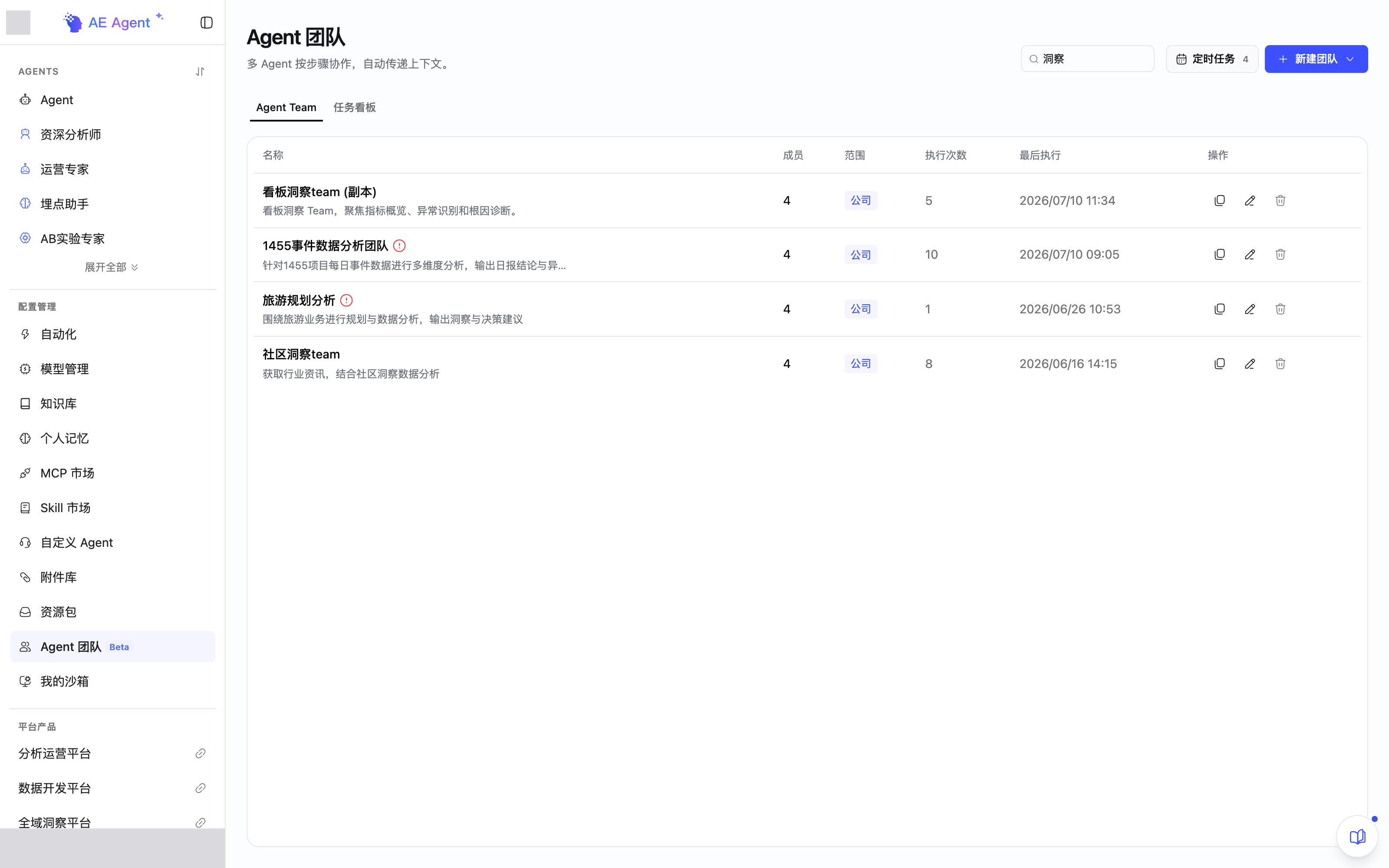 Agent 团队列表页，右上角有搜索团队、定时任务和新建团队，列表显示成员、执行次数和最后执行时间