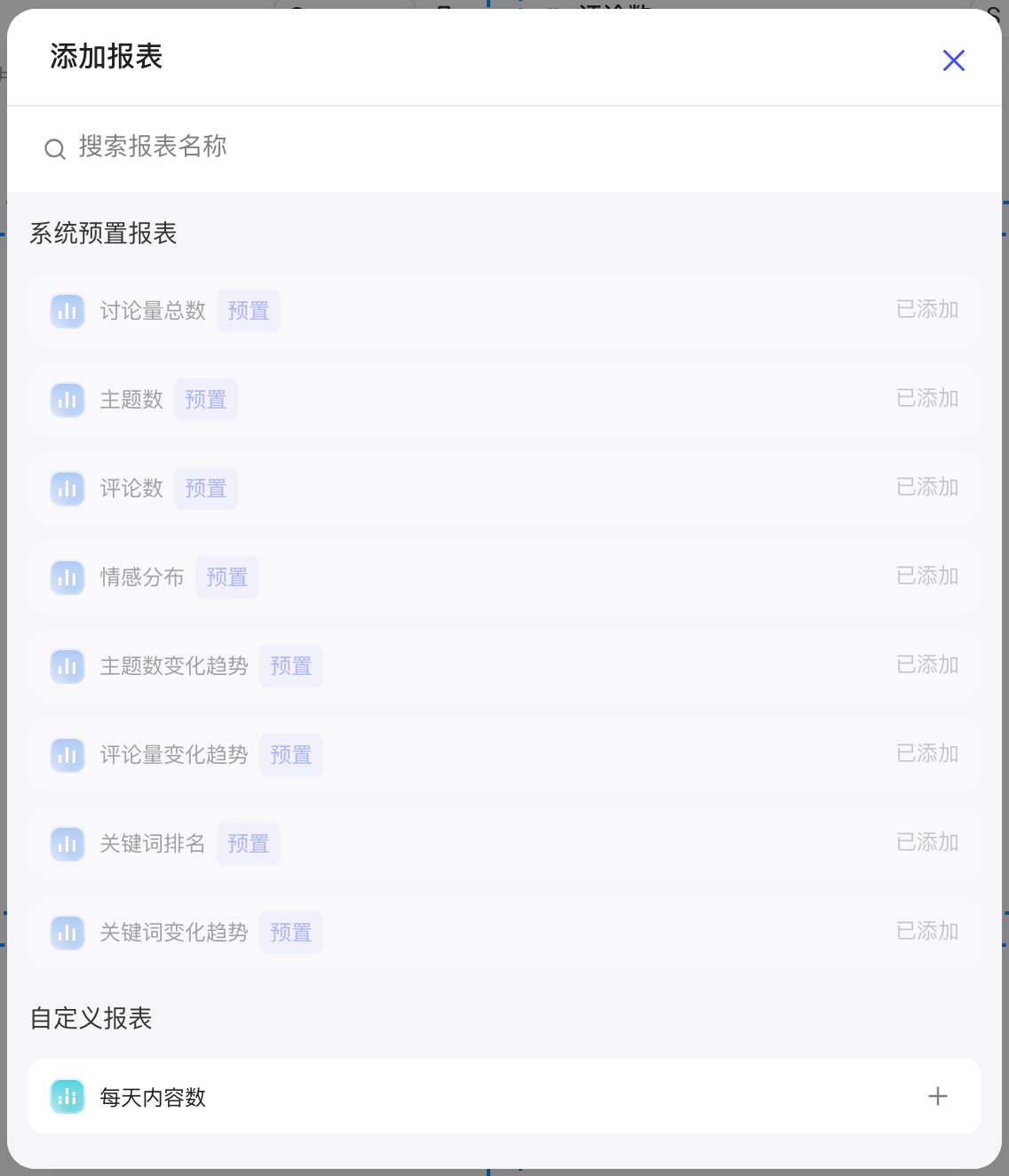 添加报表弹窗，可搜索并从系统预置报表和自定义报表中选择，已加入的标为已添加
