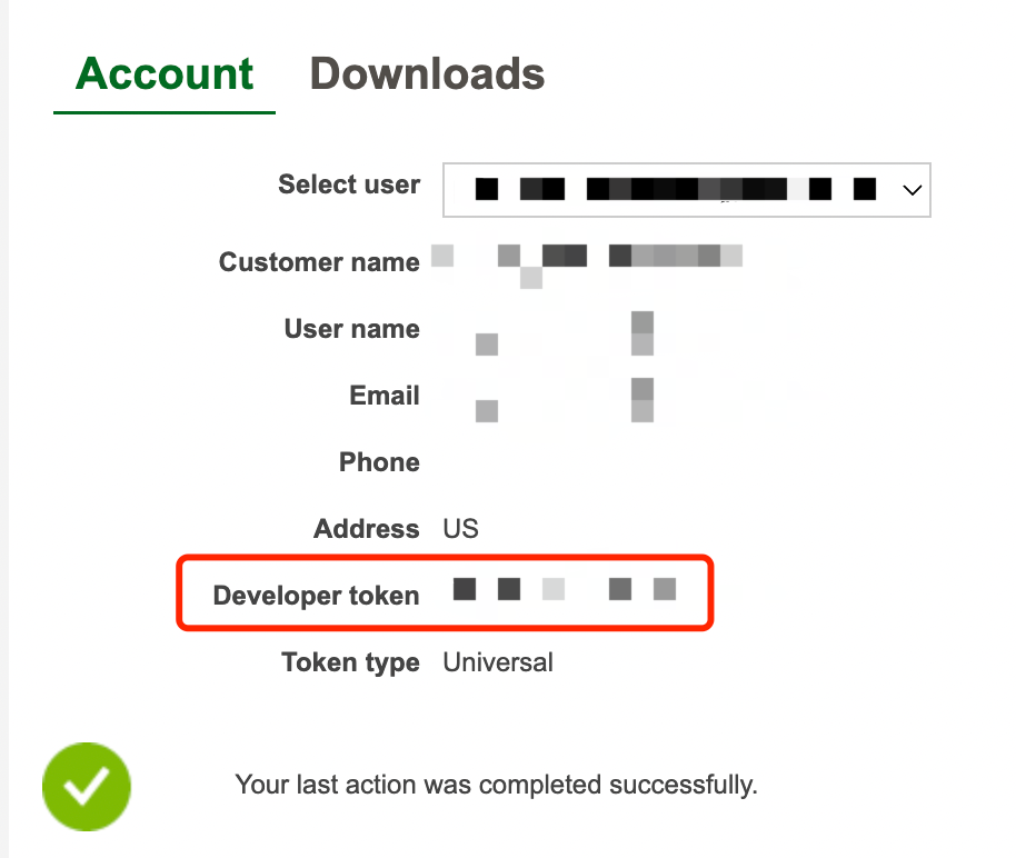 Microsoft 开发者门户 Account 页，框出申请到的 Developer token