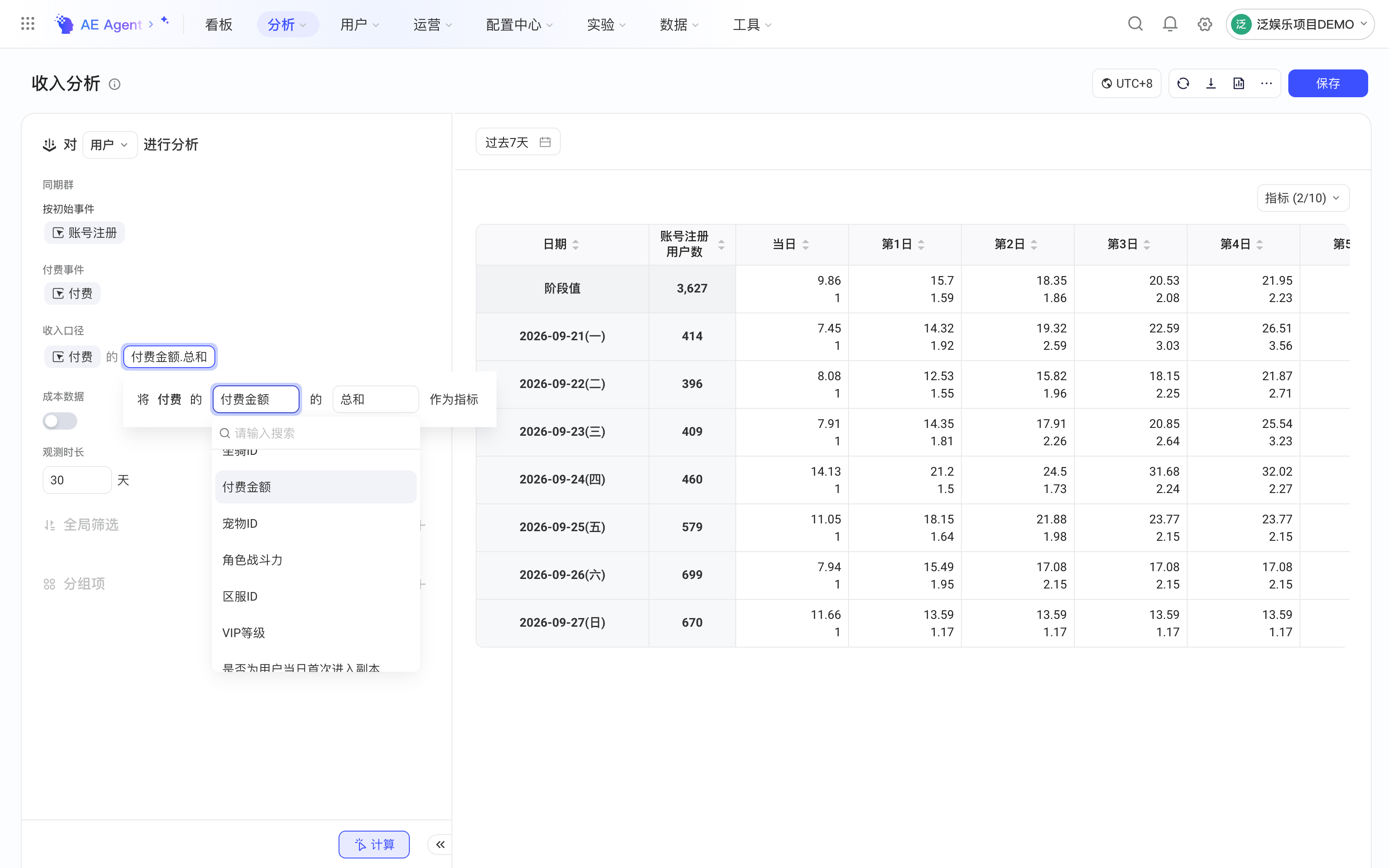 收入分析的收入口径面板，展开属性下拉并选中付费金额