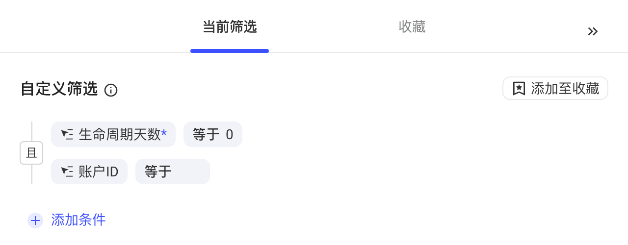 看板筛选抽屉「当前筛选」页，两个筛选条件以「且」连接，右上角是「添加至收藏」