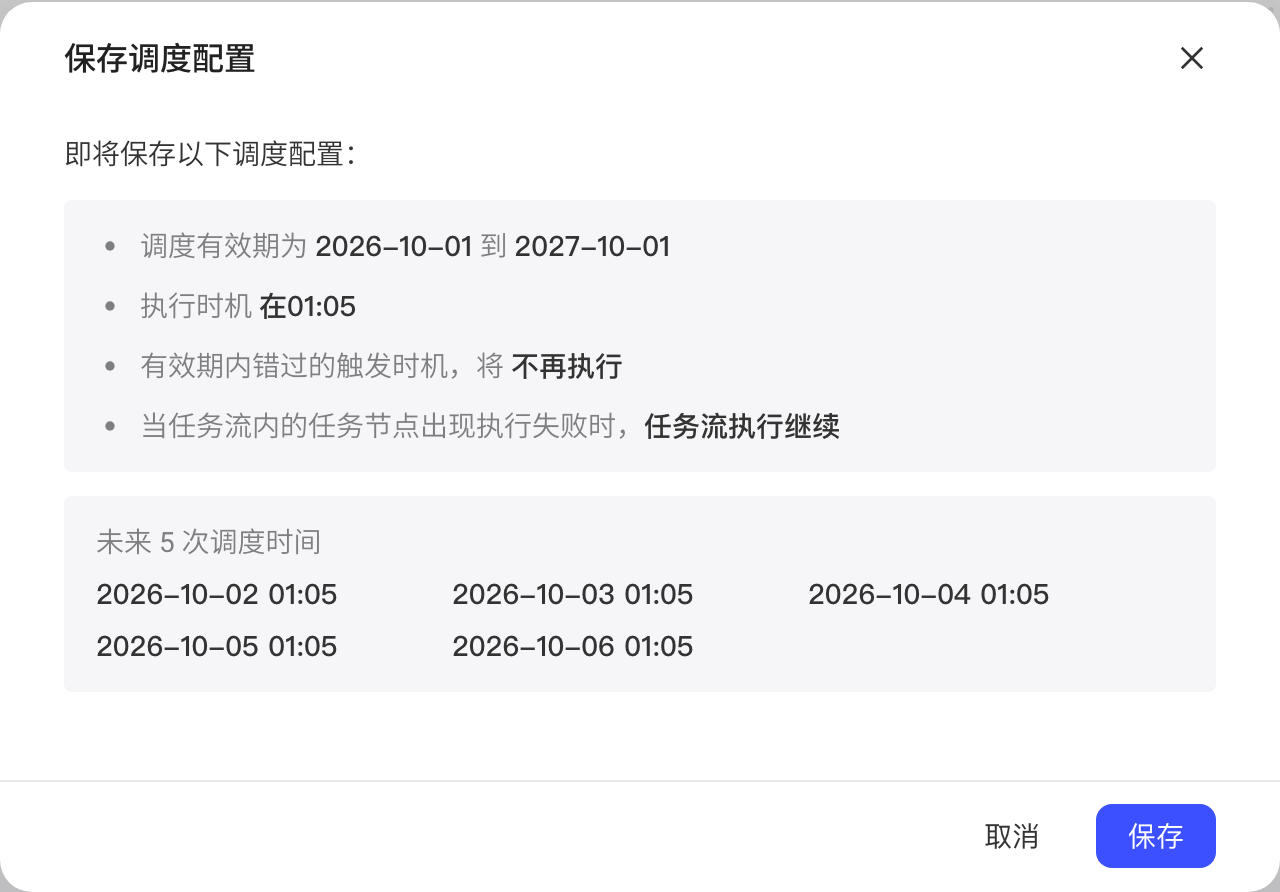 「保存调度配置」确认弹窗：调度配置总览和未来 5 次调度时间