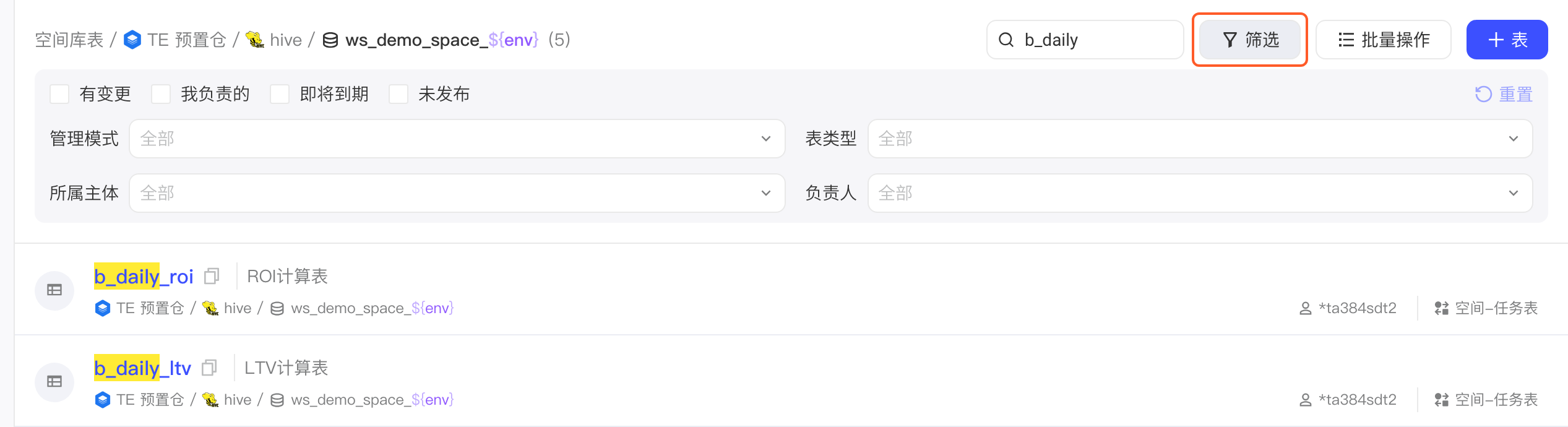 点「筛选」展开筛选面板，含状态勾选项、管理模式、表类型、所属主体、负责人和重置