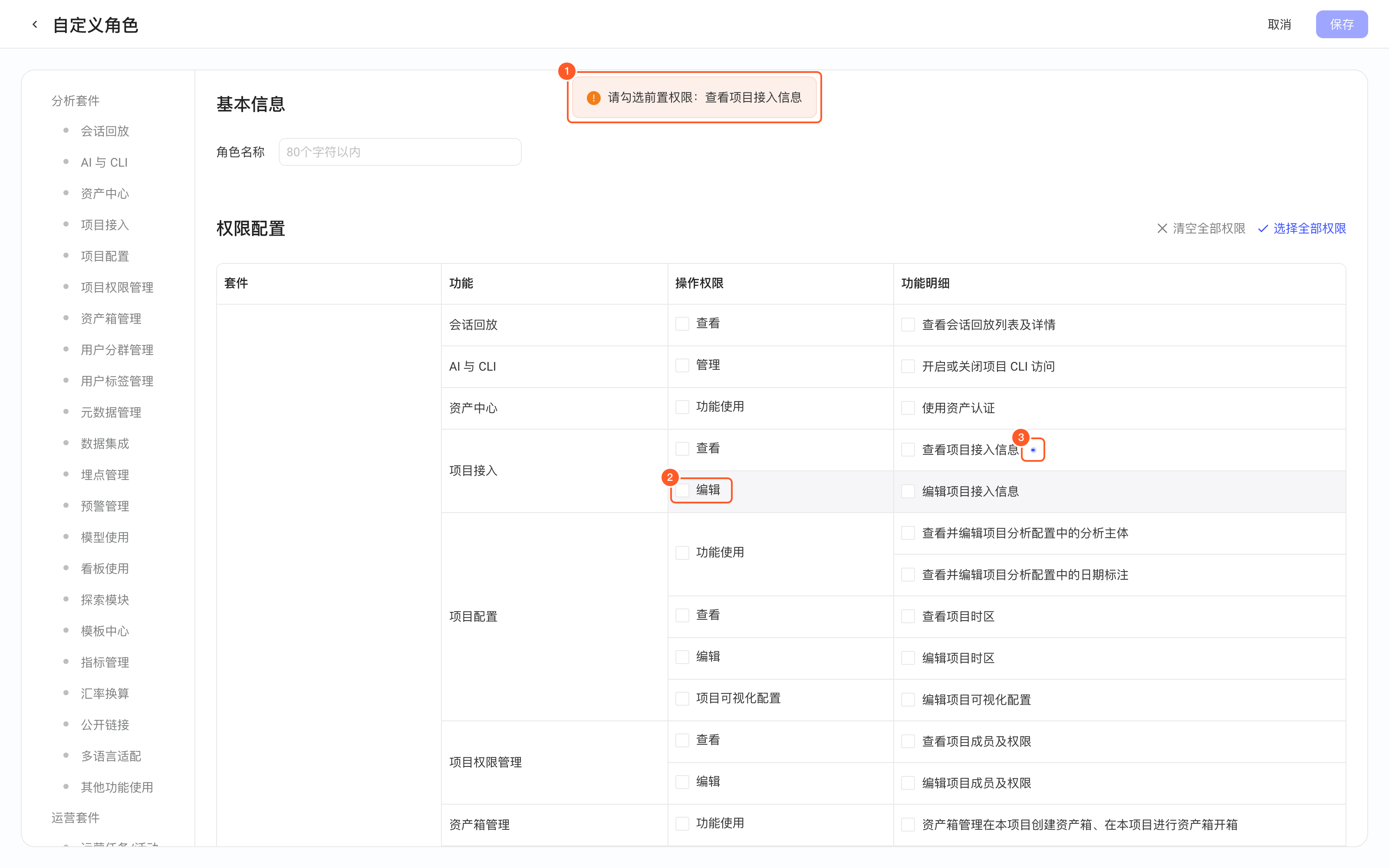 在空白的自定义角色里直接勾选「项目接入 → 编辑」，页面顶部提示需先勾选的前置权限，前置权限旁出现浮点；1 = 提示，标注刚勾选的权限、前置权限的浮点