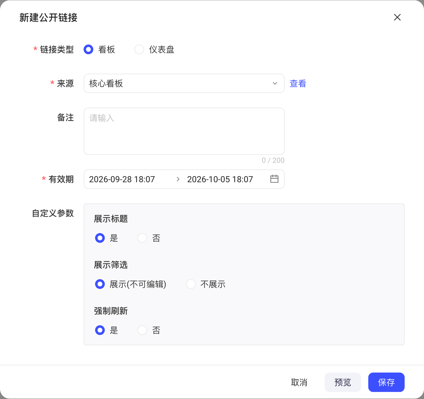 新建公开链接弹窗，来源选中「核心看板」后的表单（链接类型、来源、备注、有效期、自定义参数）