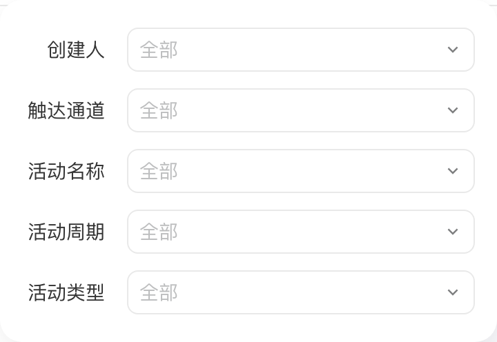 排期图活动视角的筛选面板：创建人、触达通道、活动名称、活动周期、活动类型