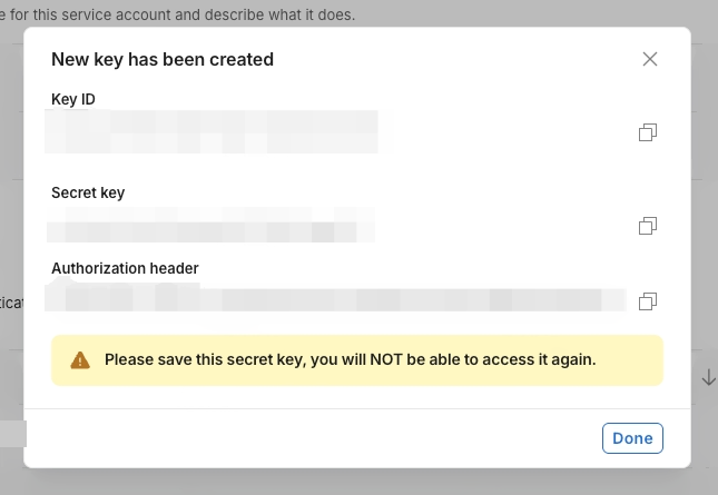 Unity Cloud 新建 Key 成功弹窗，显示 Key ID、Secret key 等授权信息