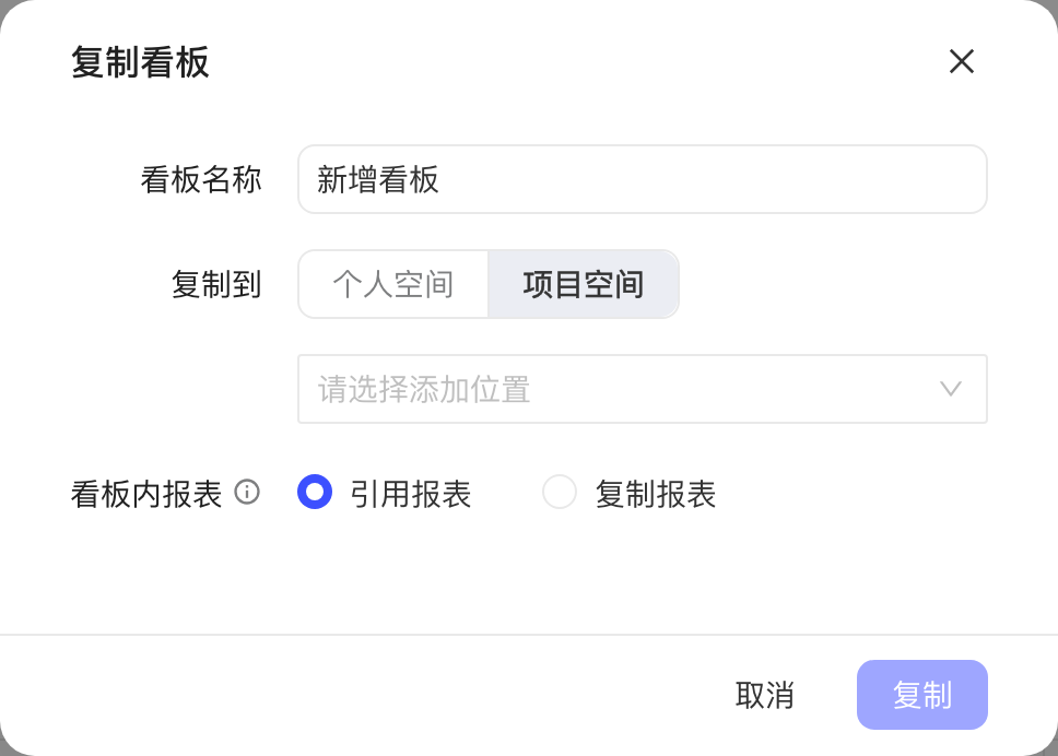 「复制看板」弹窗，填写看板名称、选择复制位置，看板内报表可选引用报表或复制报表