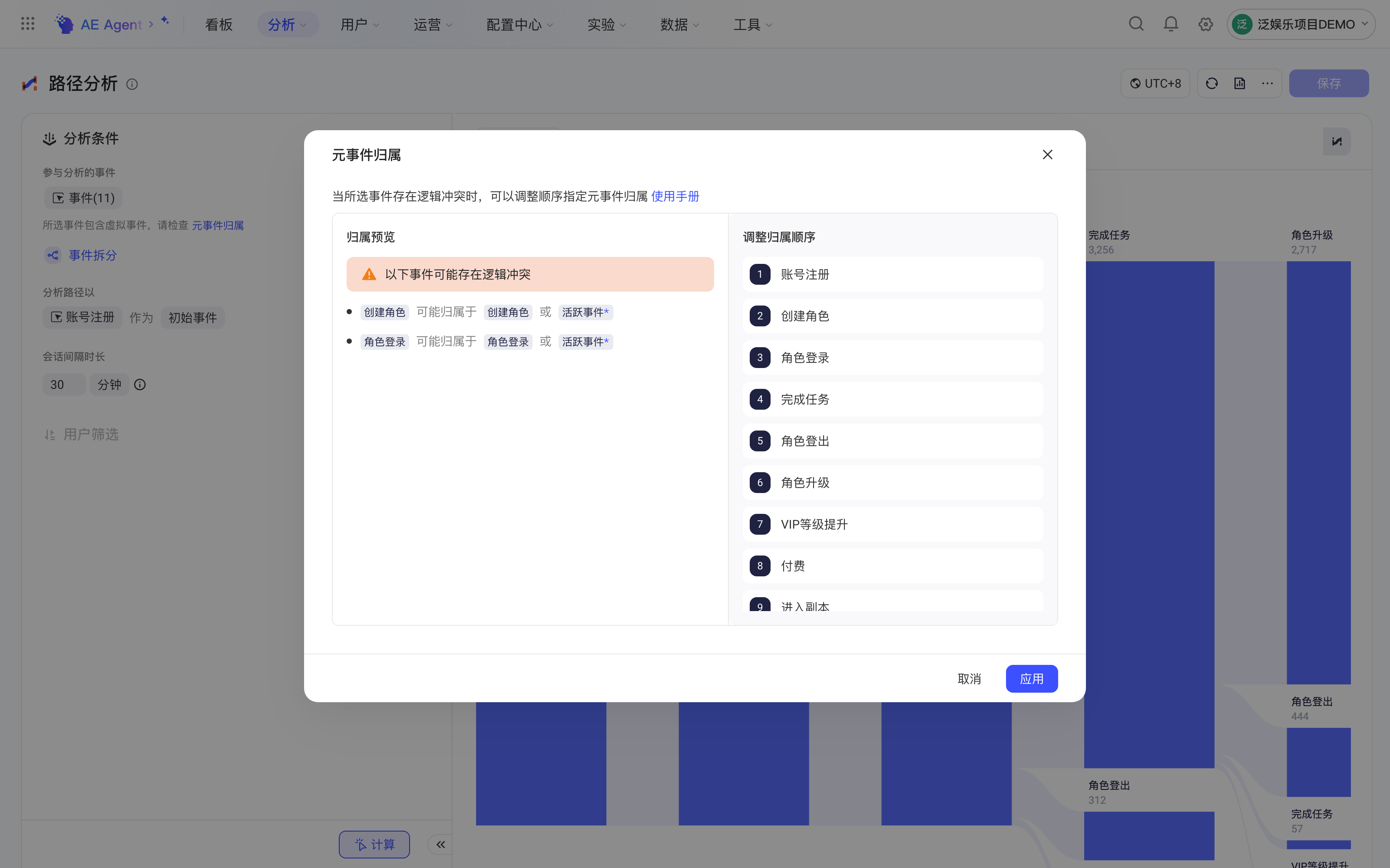 路径分析的「元事件归属」弹窗，左侧预览冲突的元事件，右侧调整事件归属顺序