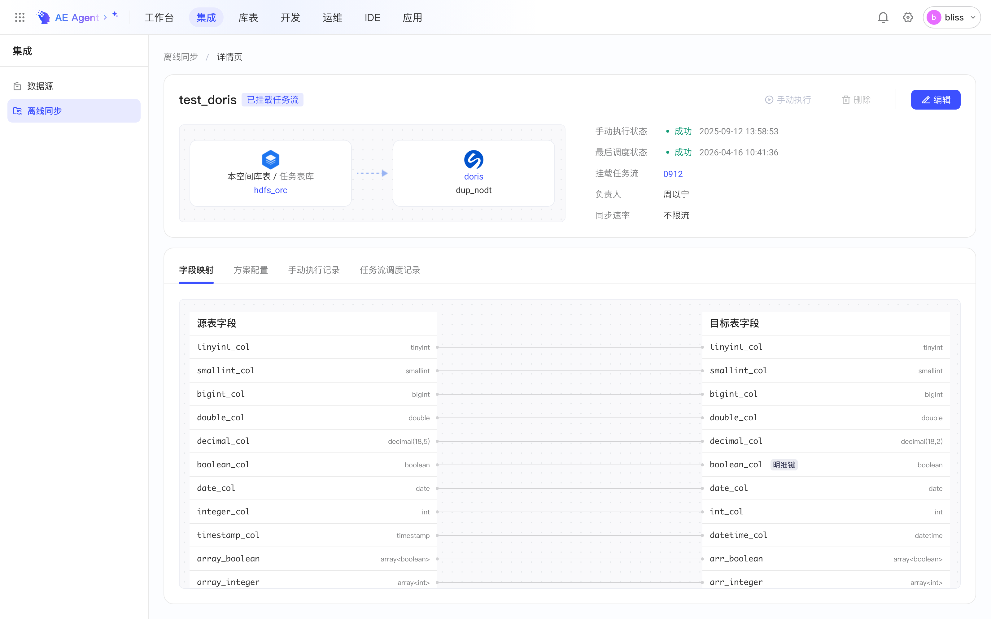 离线同步方案详情页：本空间表同步到 SelectDB 的链路、执行状态、负责人和字段映射
