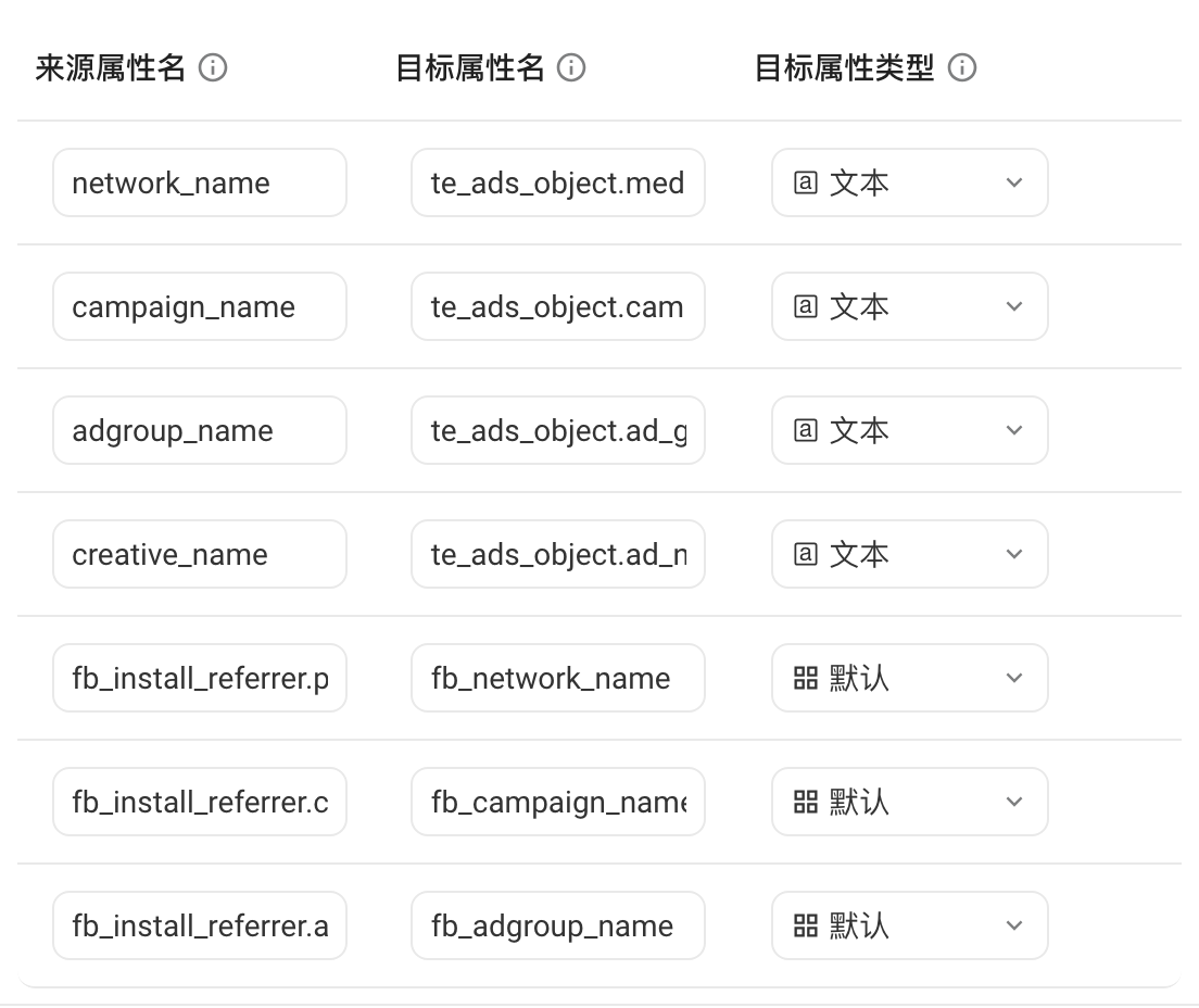 属性入库规则：预置字段映射为 #adjust_ 属性，fb_install_referrer 字段映射为 fb_ 属性
