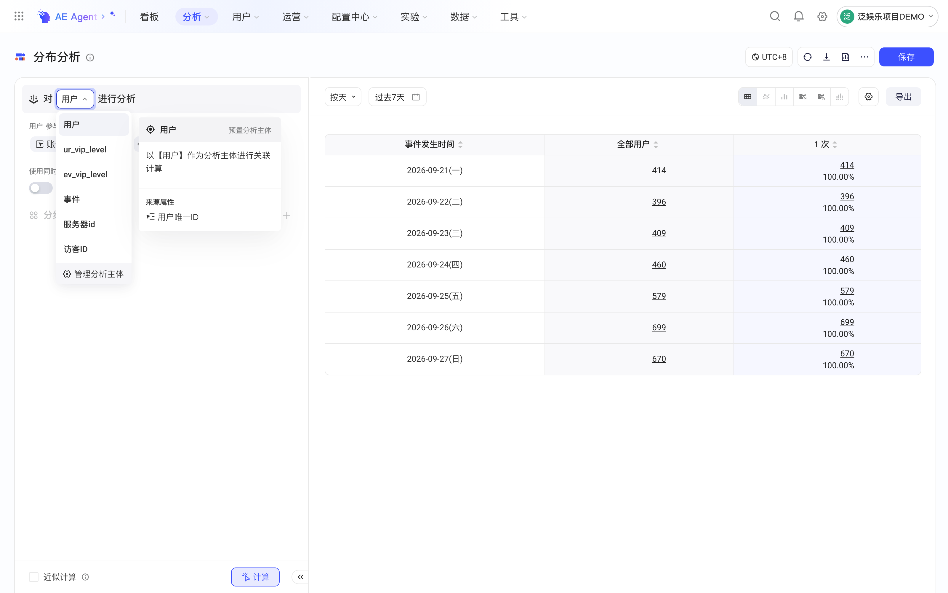 分布分析的分析主体下拉，悬停「用户」时显示说明和来源属性
